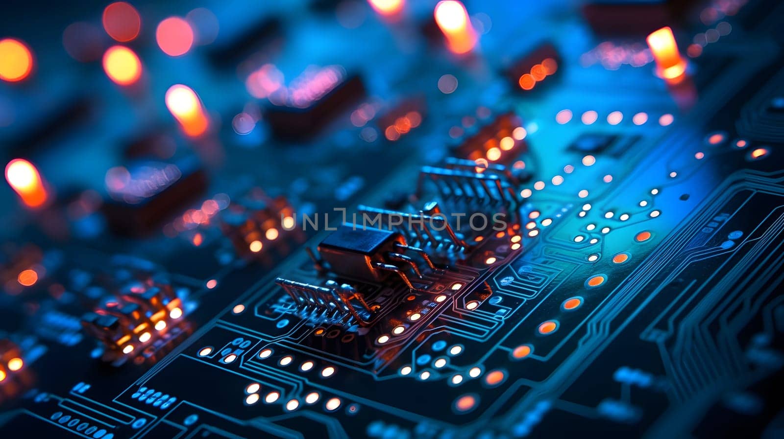 close up of printed circuit board, electronic components are glowing, generative ai by Chechotkin