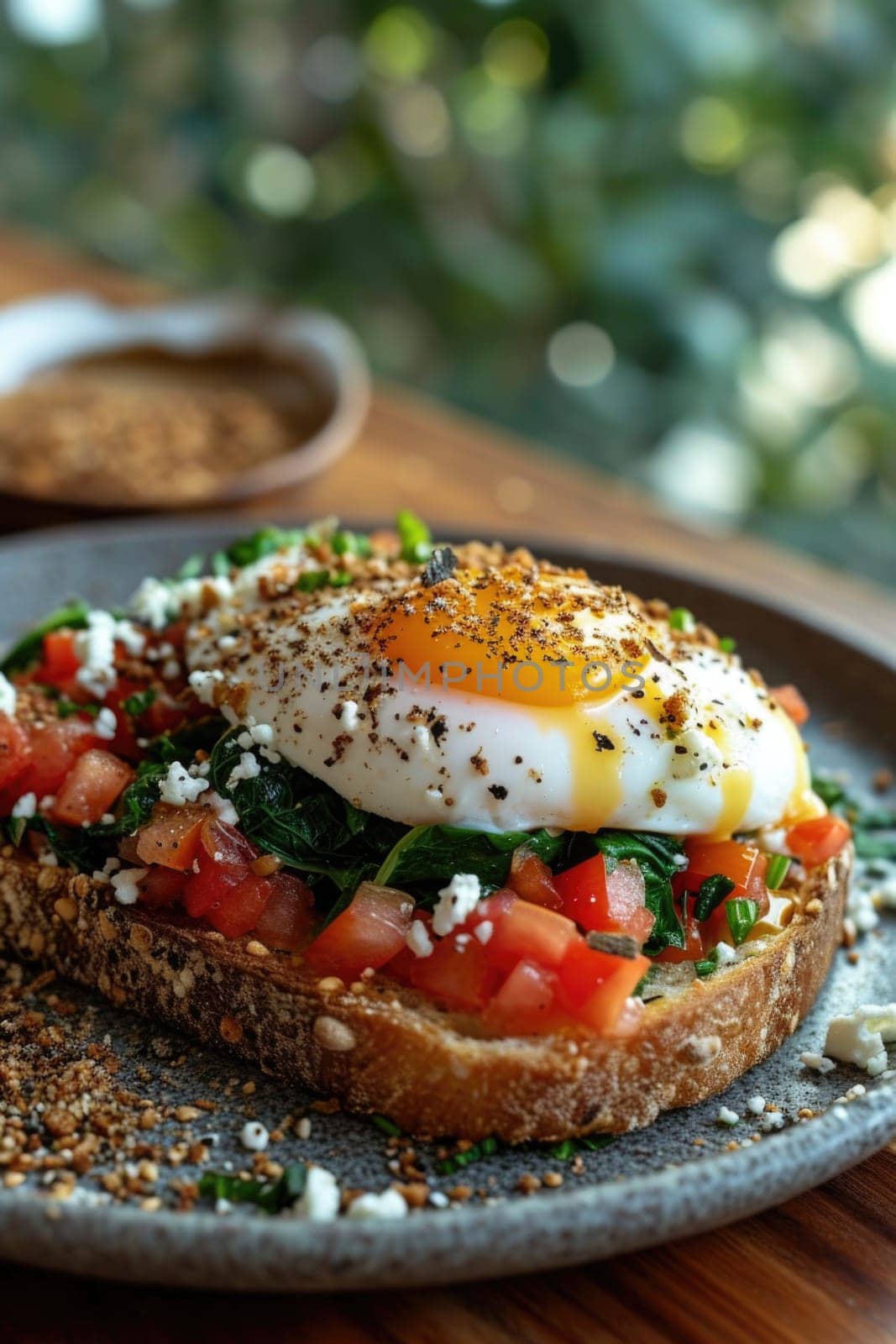 bruschetta with chard, spinach, poached egg is in a plate on the table by Lobachad