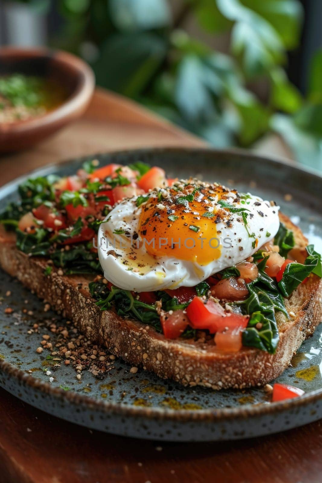 bruschetta with chard, spinach, poached egg is in a plate on the table by Lobachad