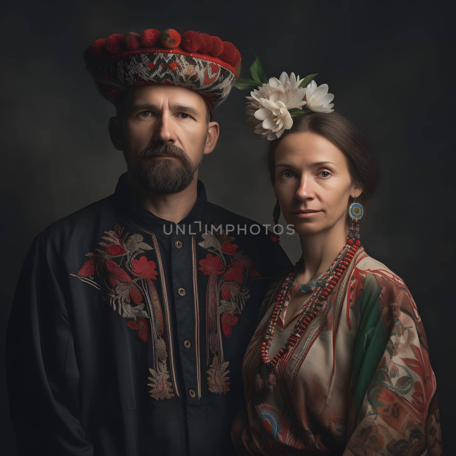 portrait of stereotype traditional style dressed slavic couple, generative ai. High quality photo