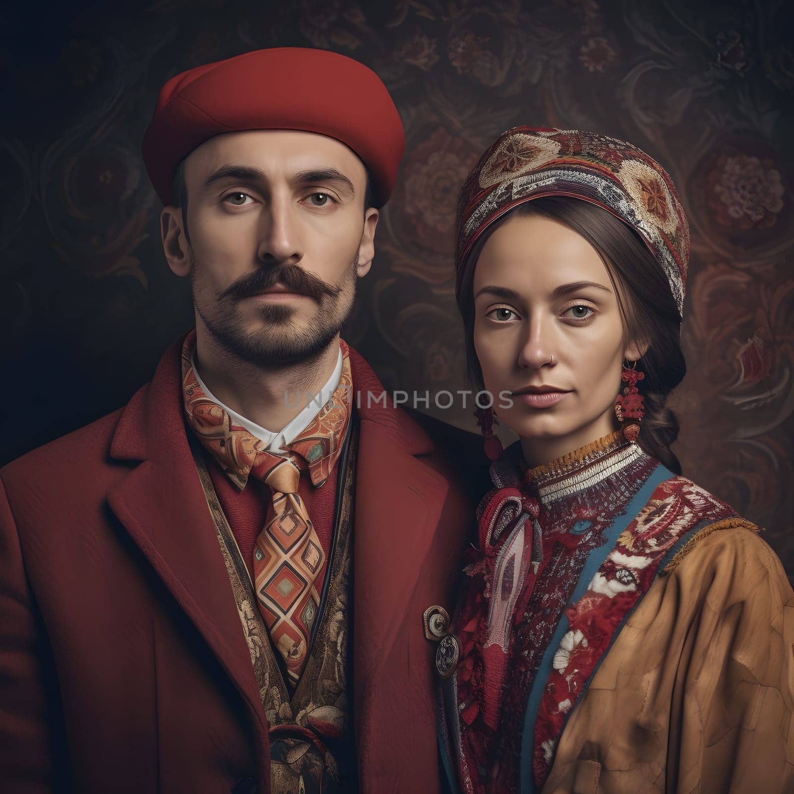 portrait of stereotype traditional style dressed slavic couple, generative ai by Chechotkin