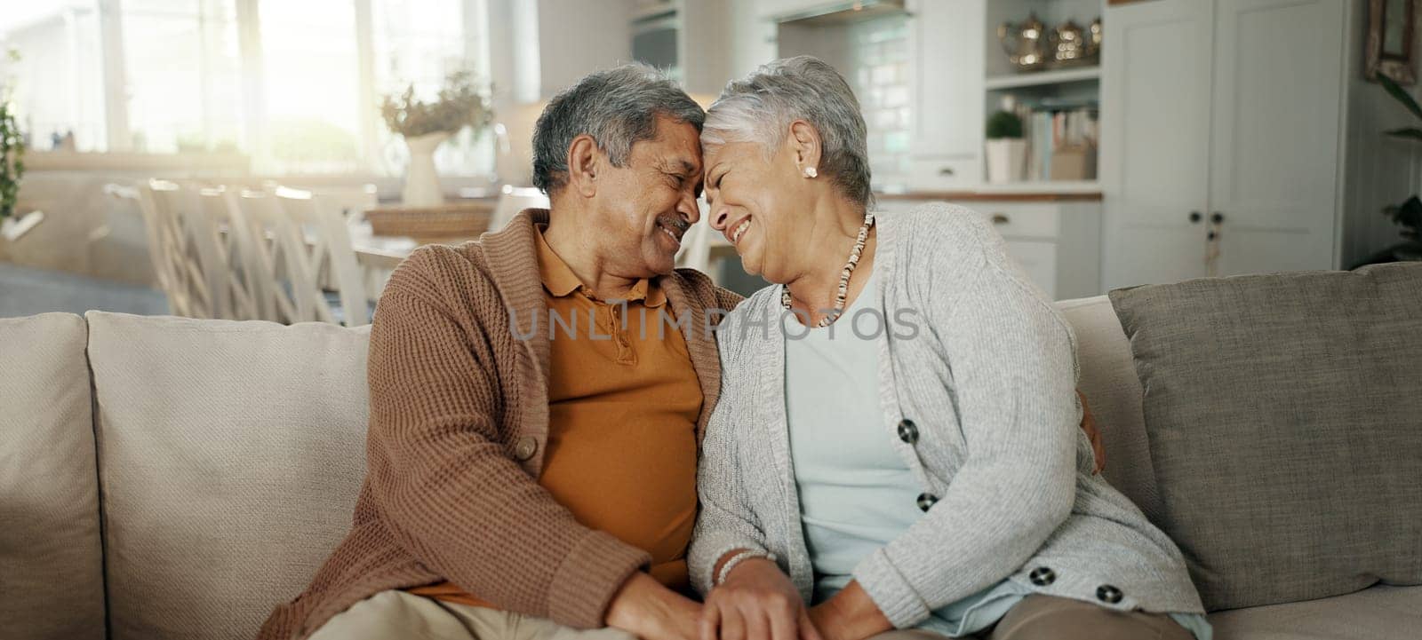 Home, hug and senior couple with love, relax and retirement with romance, bonding and relationship. Romantic, old man and elderly woman embrace, commitment and laughing with trust, marriage and relax.