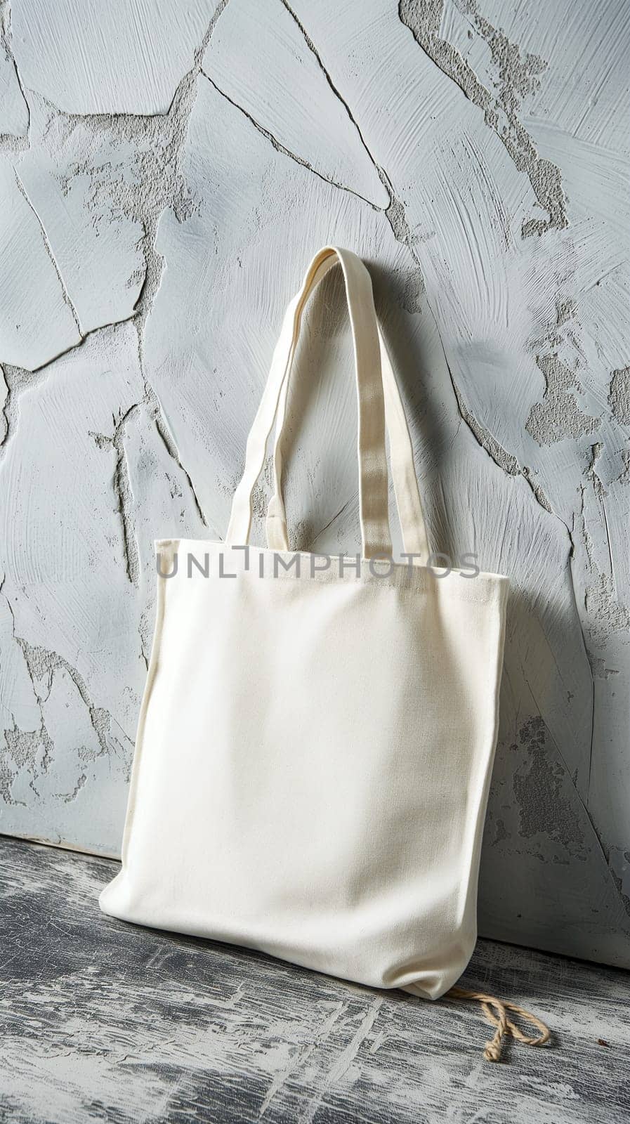 Plain canvas tote bag hangs against a textured wooden backdrop with copy space, ideal for branding mockups