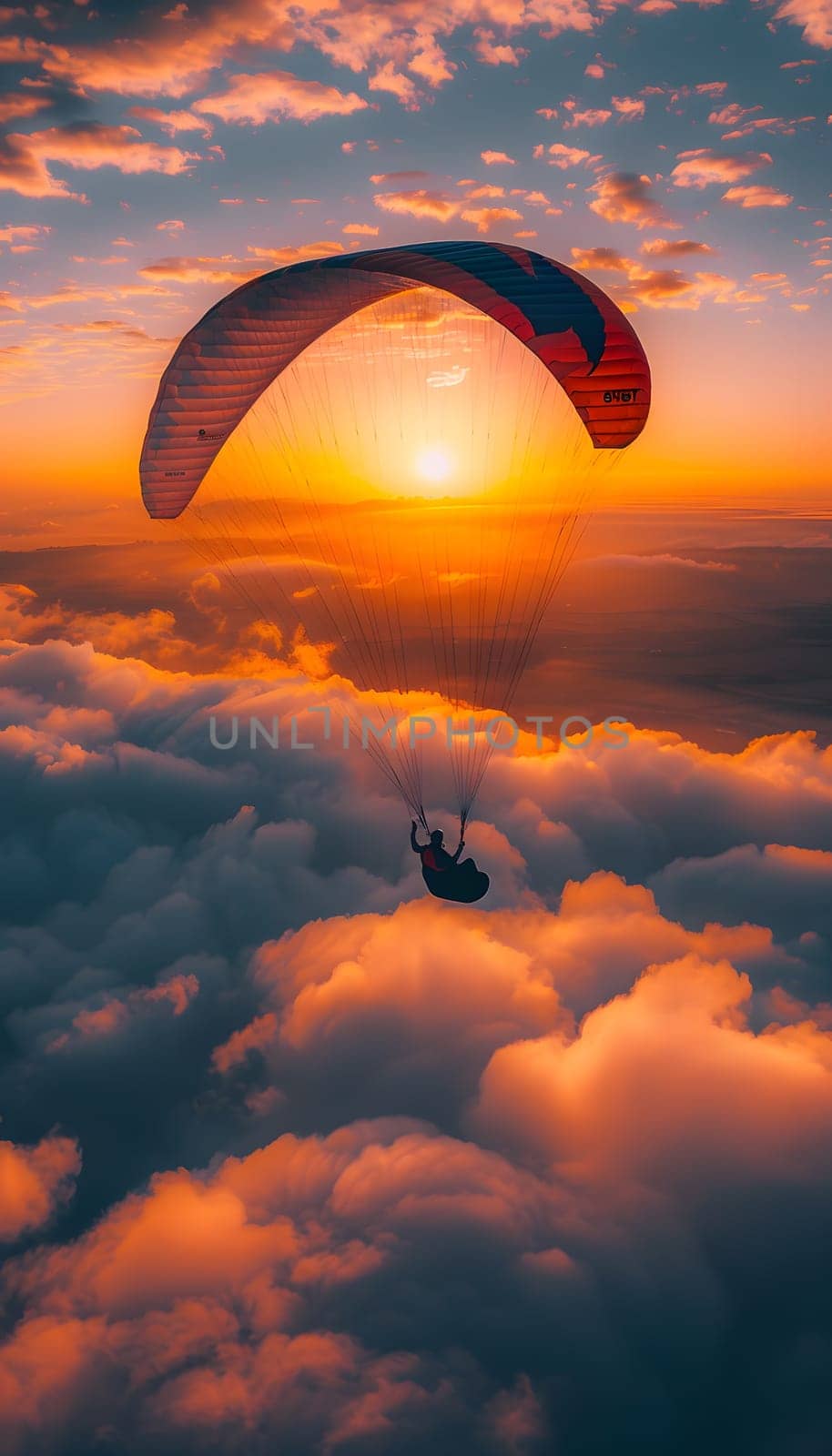 A person is soaring above the clouds while parasailing as the sky transforms into shades of orange during sunset, creating a stunning afterglow in the atmosphere