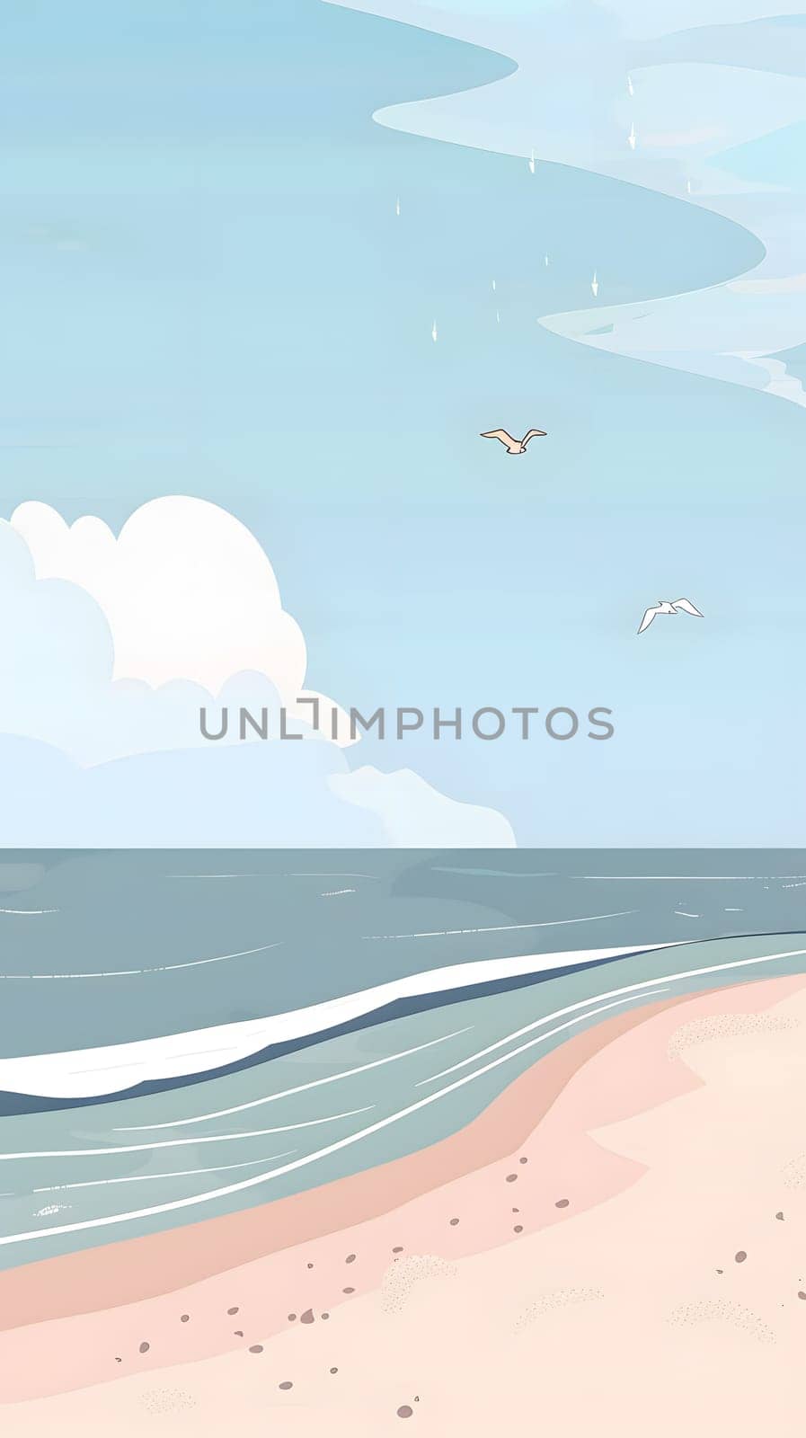 Cartoon beach scene with waves, birds, and cumulus clouds in the sky by Nadtochiy