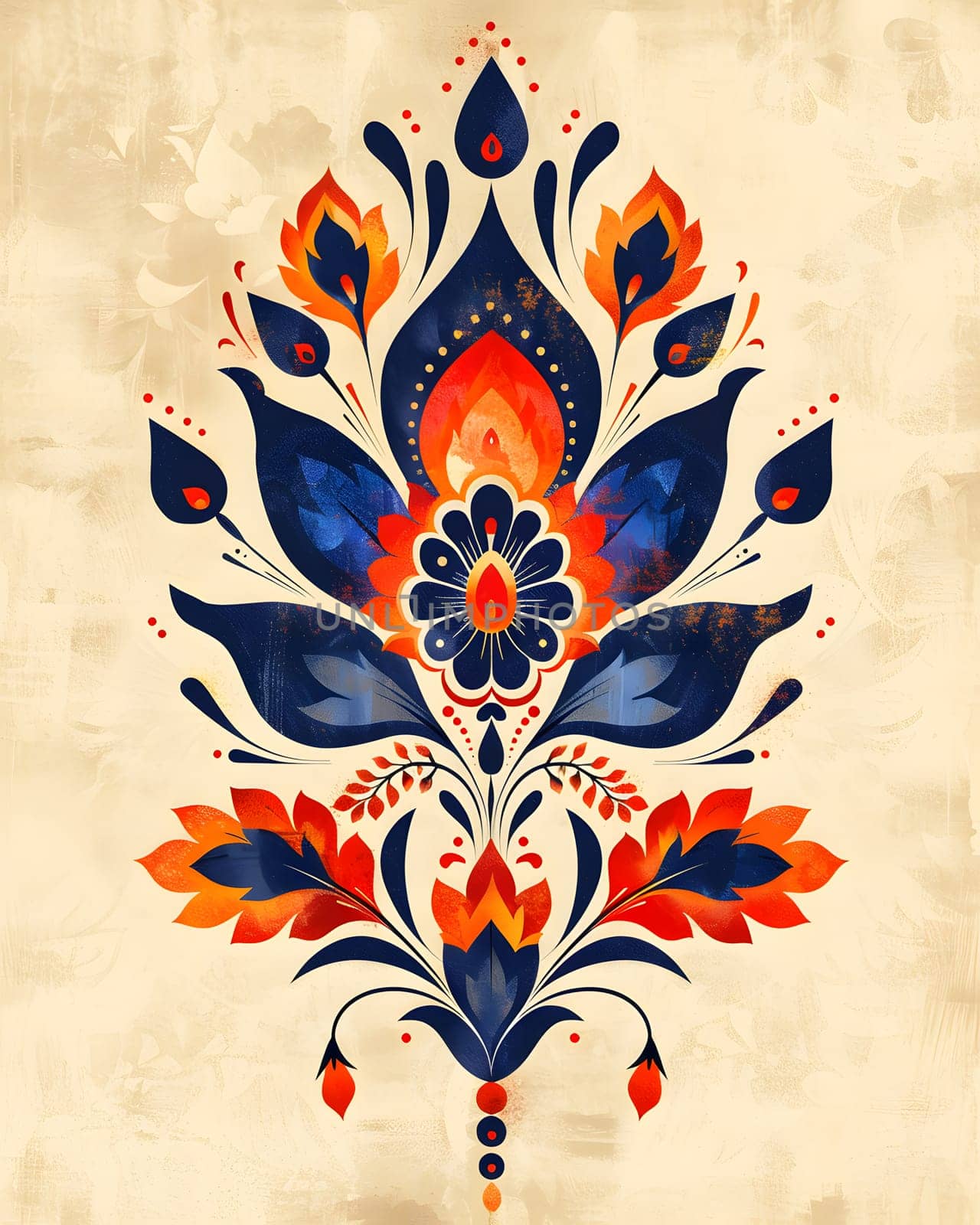 The motif featured in this artwork is a vibrant blue and orange floral design set against a neutral beige background. The symmetry and pattern create a visually striking and creative piece of art