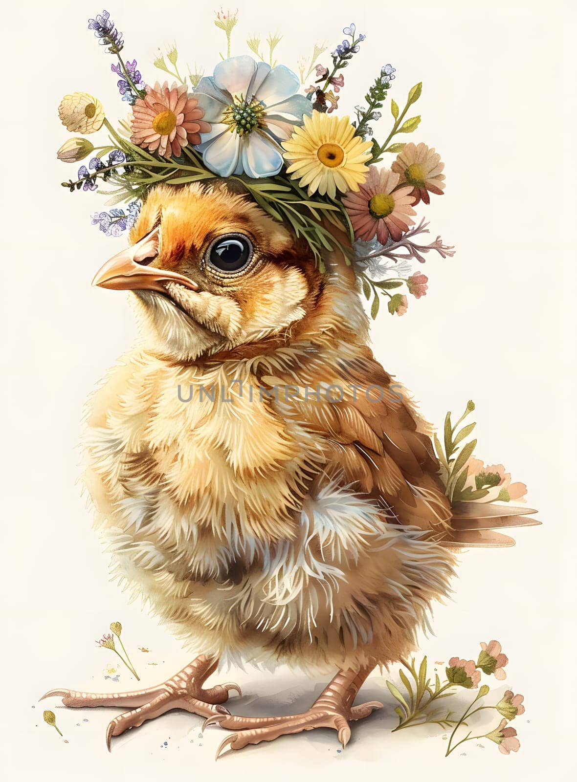 A tiny Finch chick adorned with a delicate flower crown perched on a branch, a masterpiece of natures painting and artistry