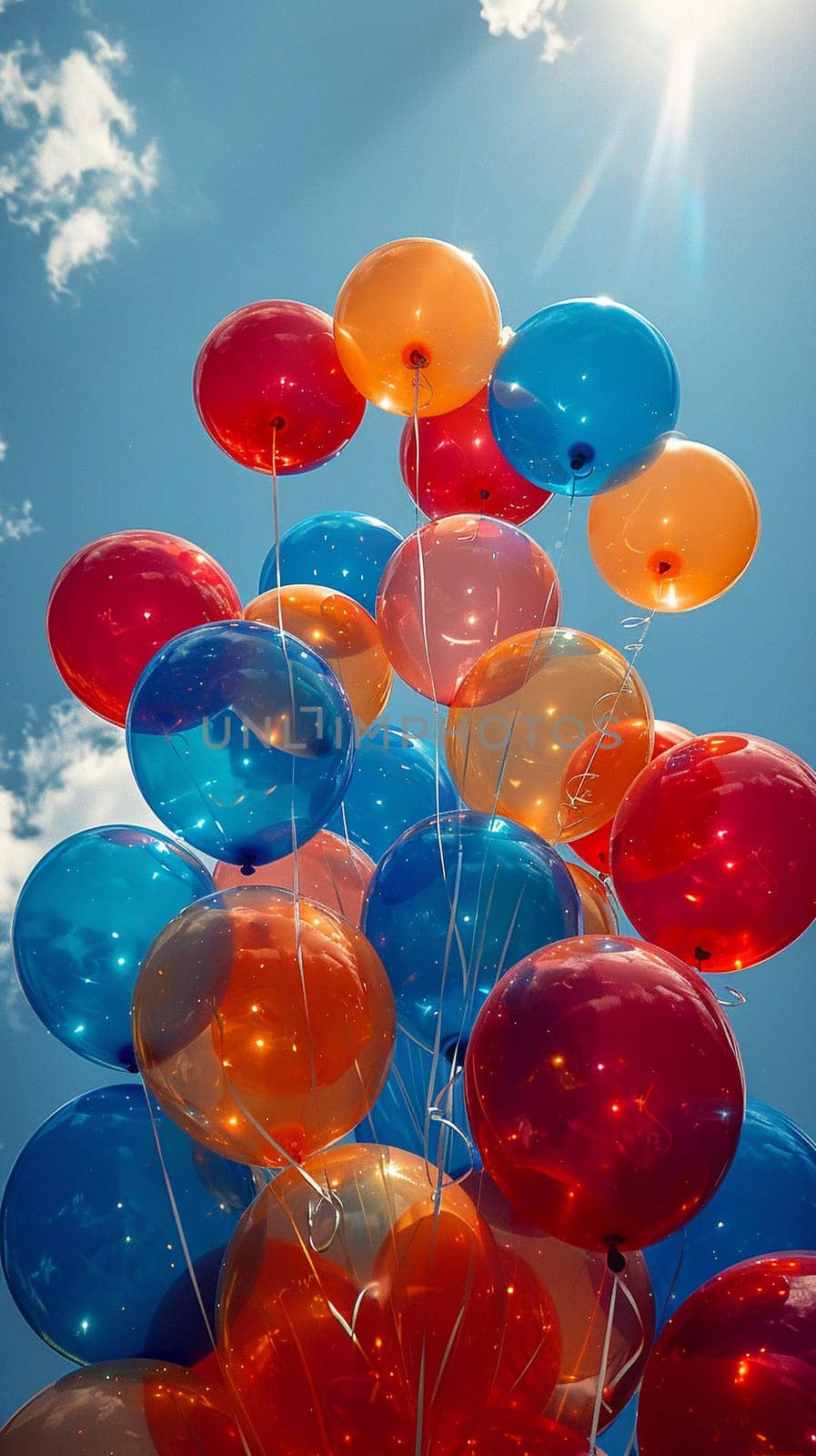 Vibrant balloons against a backdrop of a clear blue sky, symbolizing celebration and joy.