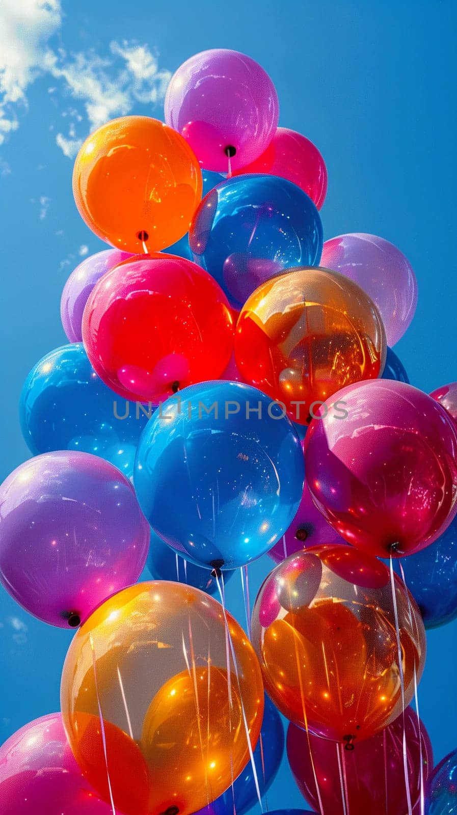 Vibrant balloons against a backdrop of a clear blue sky, symbolizing celebration and joy.