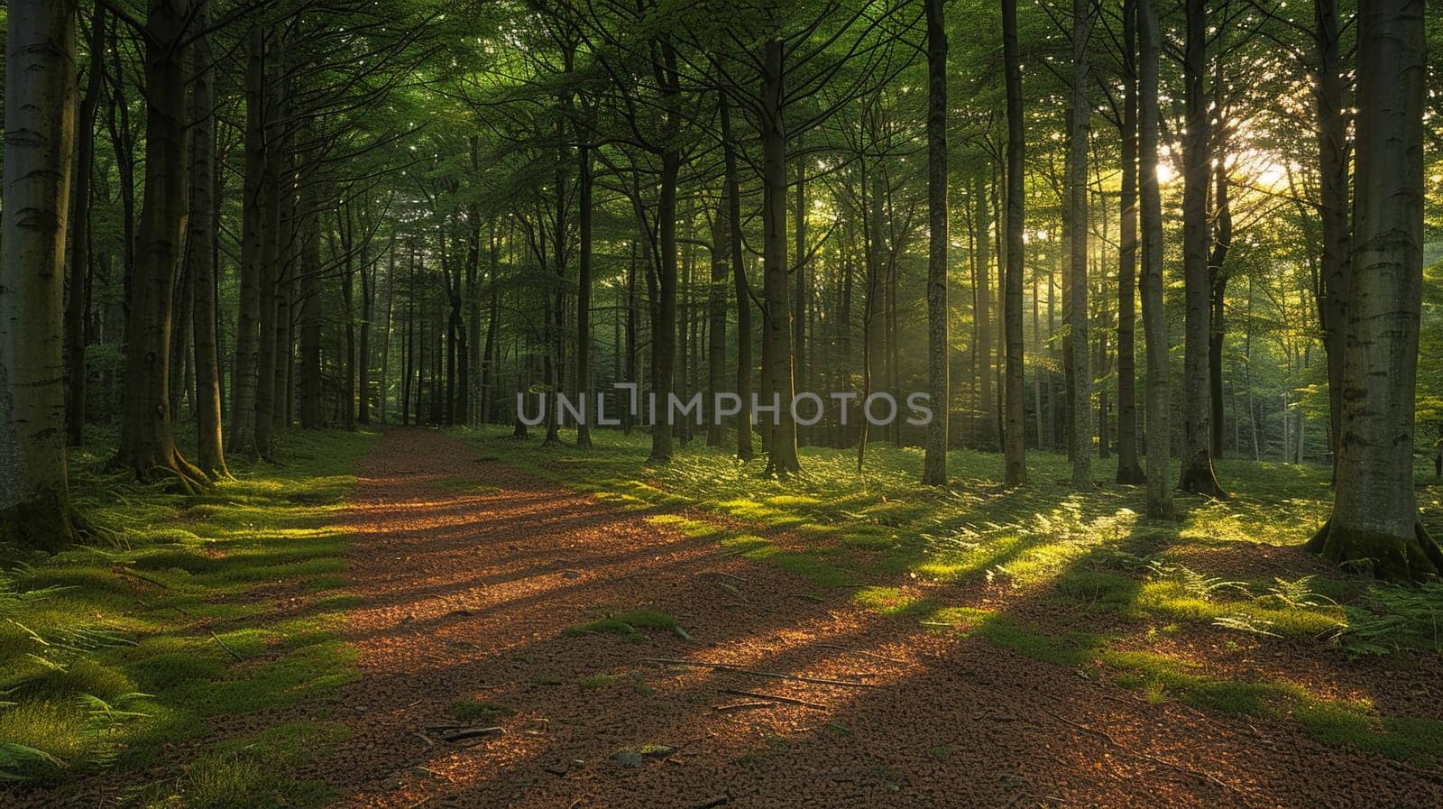 Shadows cast by a forest canopy on a woodland floor, creating a natural mosaic of light and dark.