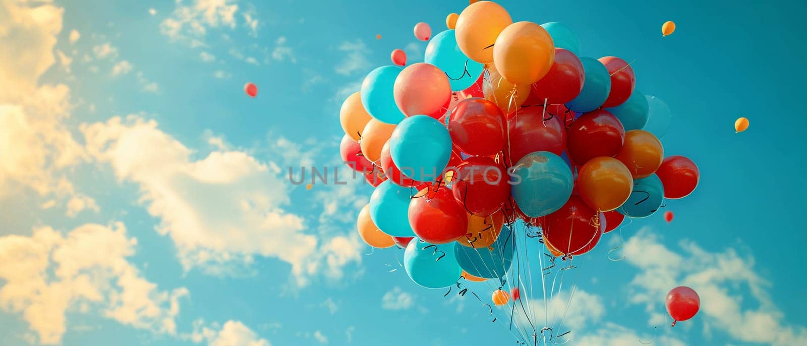 Vibrant balloons against a backdrop of a clear blue sky, symbolizing celebration and joy.