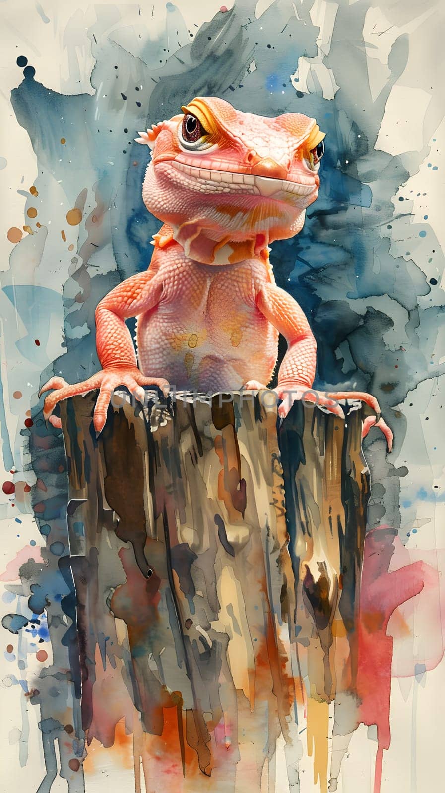 A lizard is perched on a wooden post in a watercolor painting, blending in with its surroundings like military camouflage. The artwork captures the amphibians tail in intricate detail