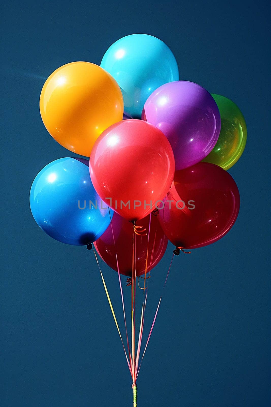 Vibrant balloons against a backdrop of a clear blue sky, symbolizing celebration and joy.