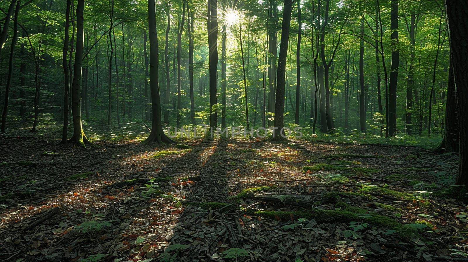 Shadows cast by a forest canopy on a woodland floor, creating a natural mosaic of light and dark.