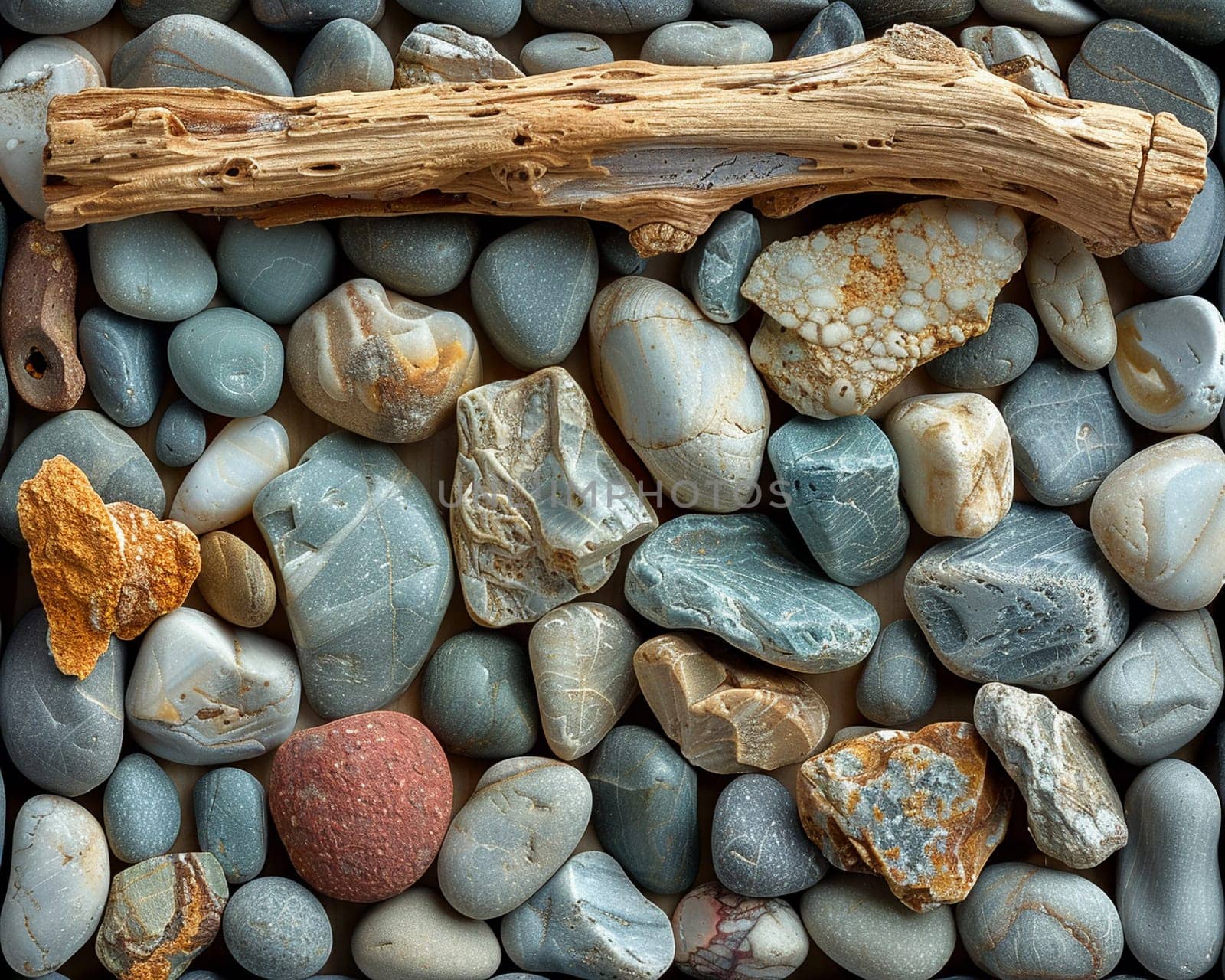 The contrasting textures of smooth pebbles and rough driftwood on a beach by Benzoix