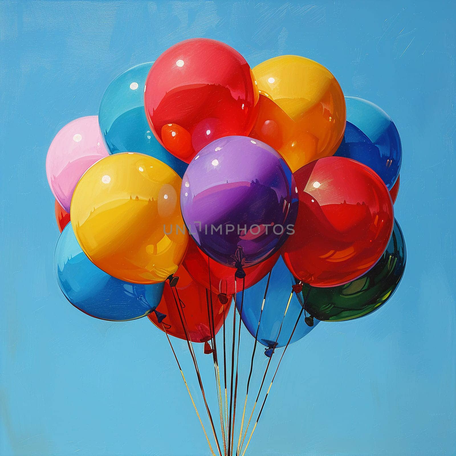 Vibrant balloons against a backdrop of a clear blue sky, symbolizing celebration and joy.