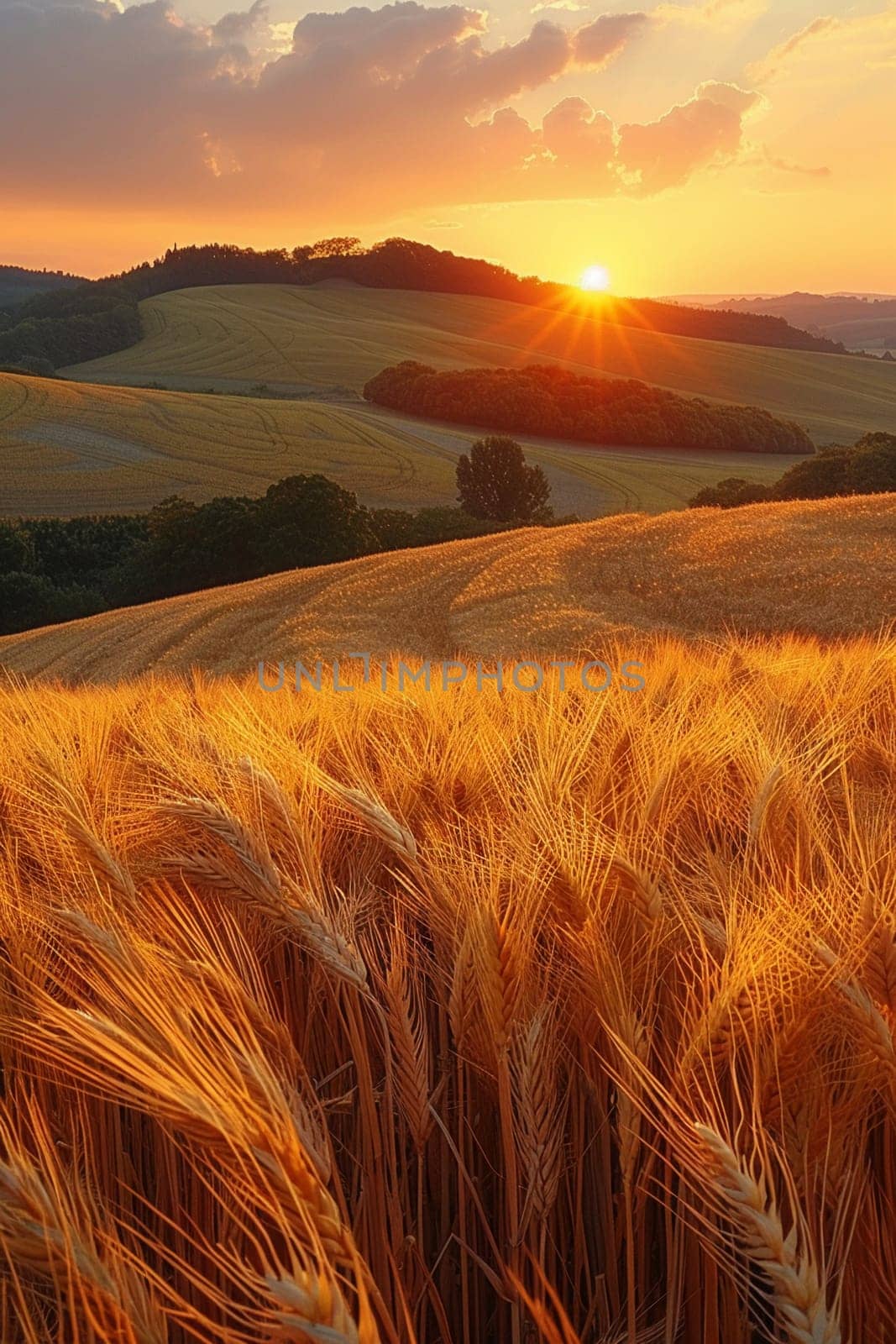 Waves of grain in a field at sunset, symbolizing abundance and the natural world.