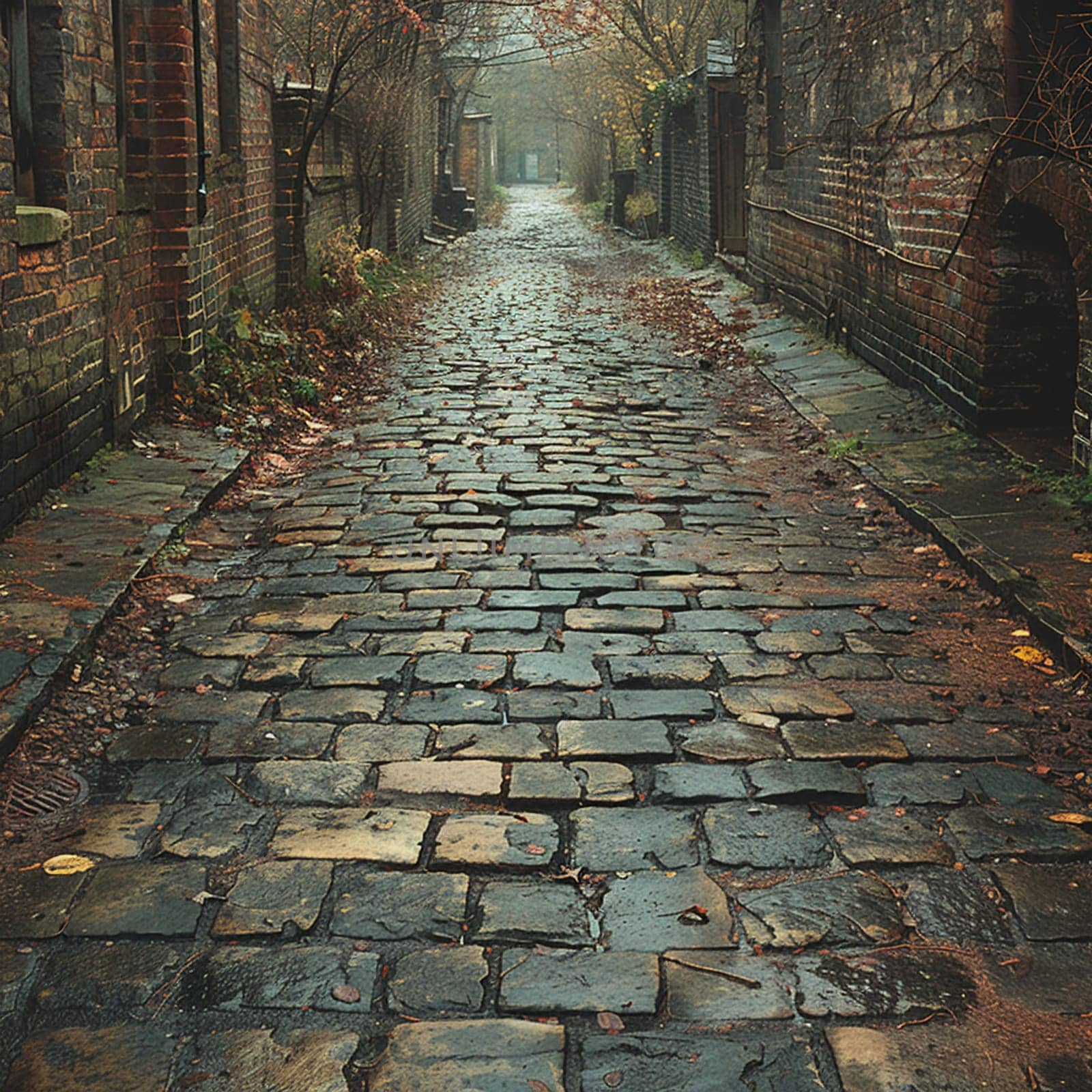 Worn cobblestone street in historic town by Benzoix