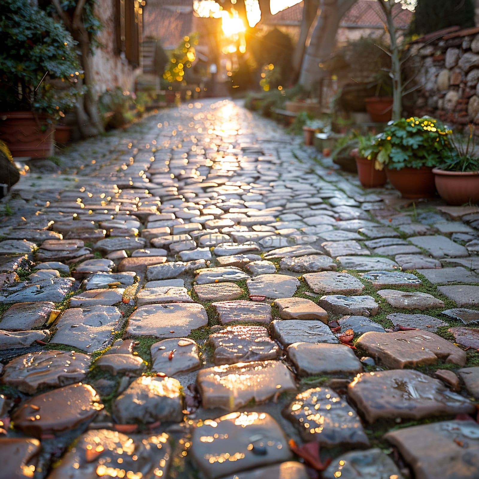 Worn cobblestone street in historic town by Benzoix