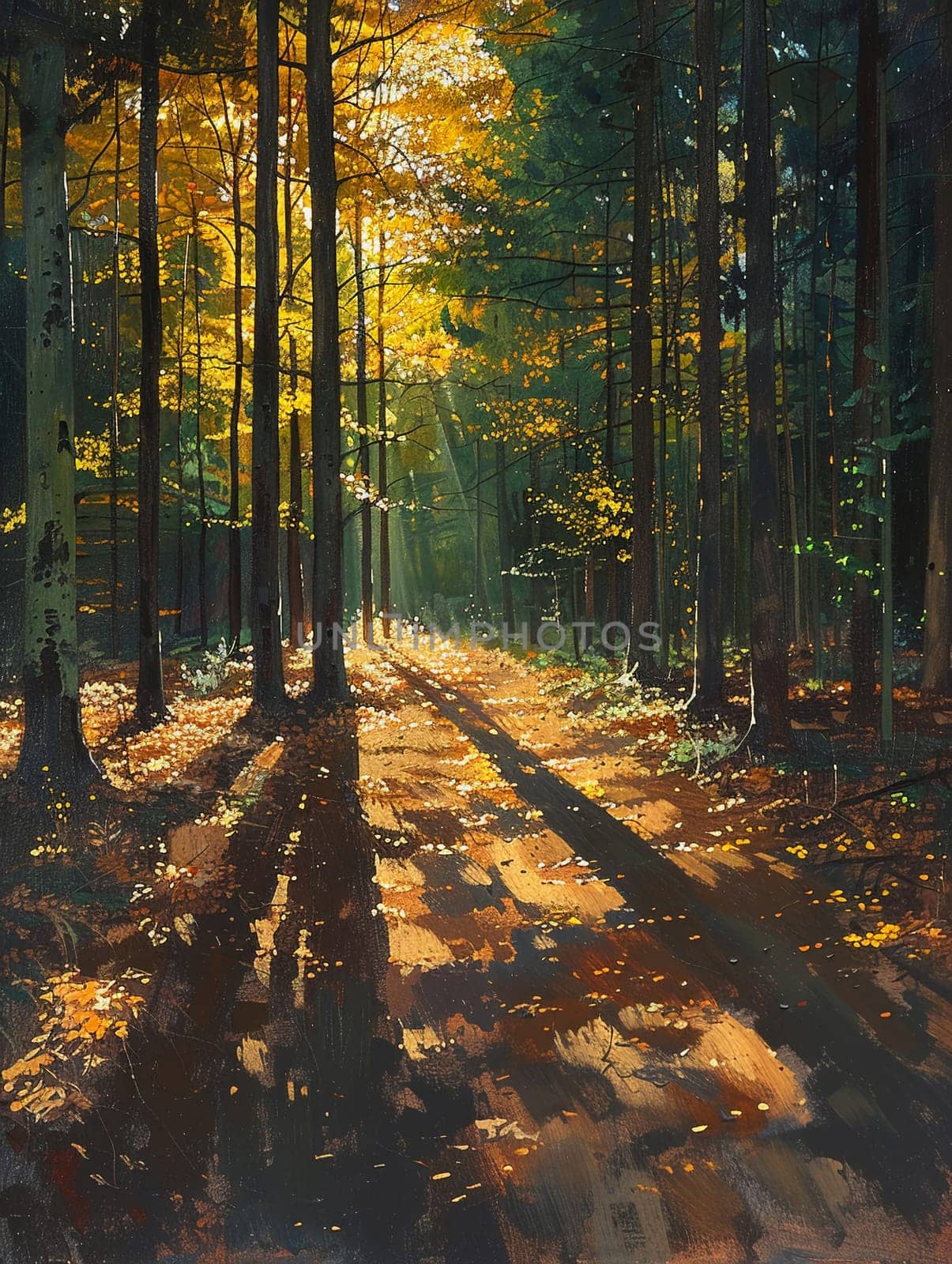 Shadows cast by a forest canopy on a woodland floor by Benzoix