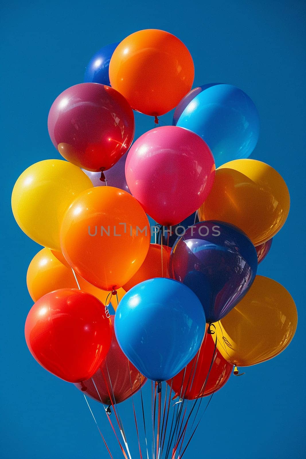 Vibrant balloons against a backdrop of a clear blue sky, symbolizing celebration and joy.