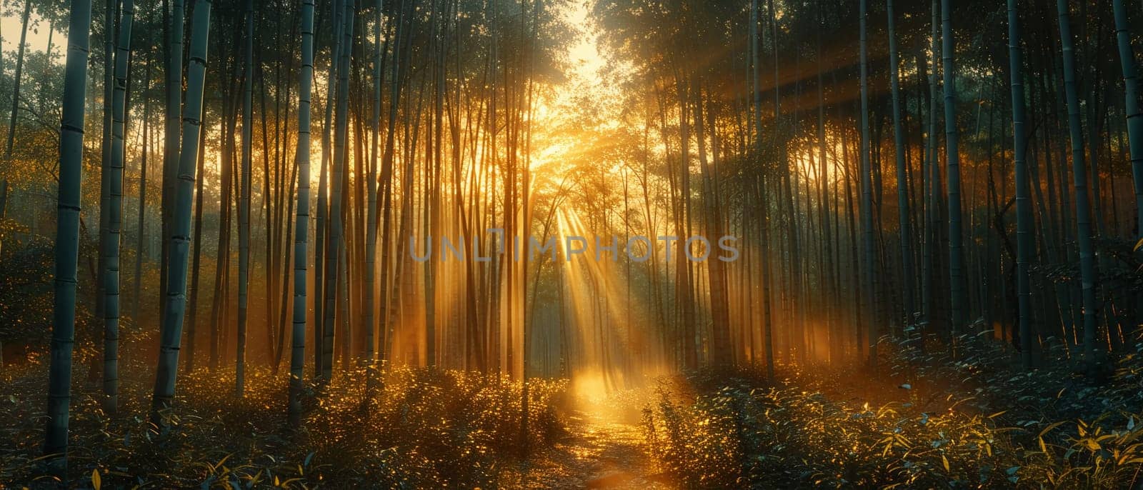 Sunlight casting shadows through a bamboo forest by Benzoix