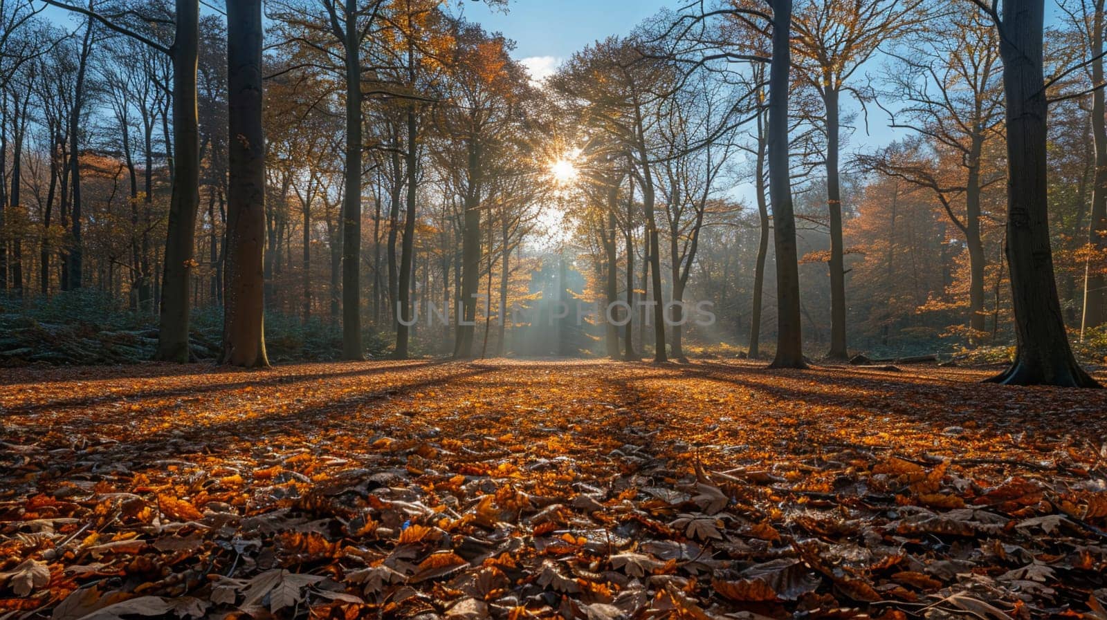 Shadows cast by a forest canopy on a woodland floor, creating a natural mosaic of light and dark.