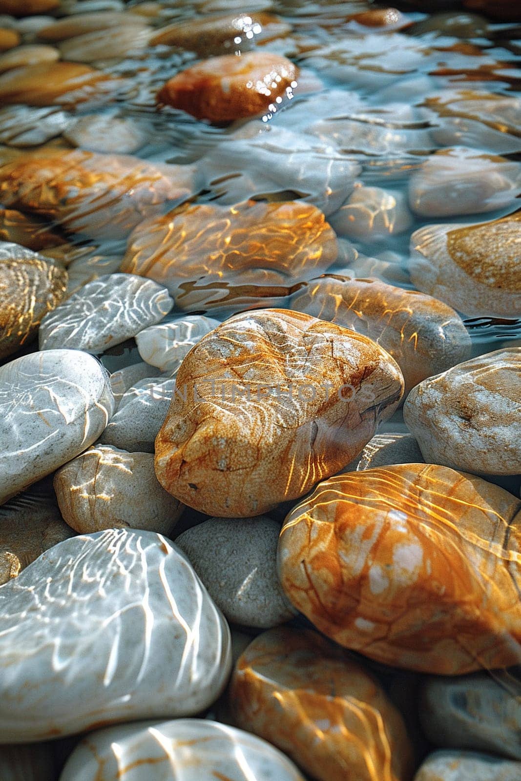 Smooth pebbles under clear stream water, for peaceful and zen-like designs.