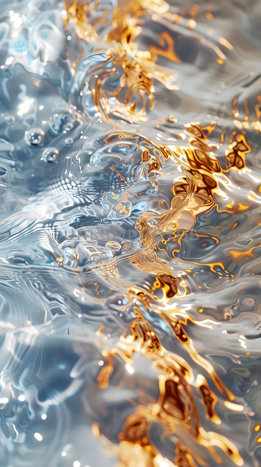 Close up of liquid water with wind waves creating bubbles and reflecting the sky by Nadtochiy