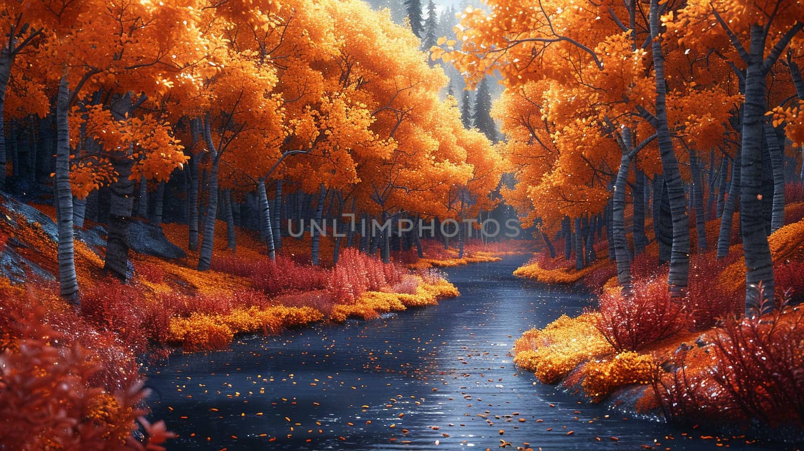 Winding river through a vibrant autumn forest by Benzoix