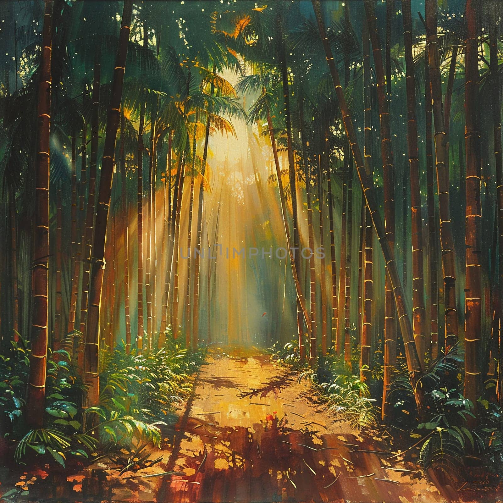 Sunlight streaming through a dense bamboo grove by Benzoix