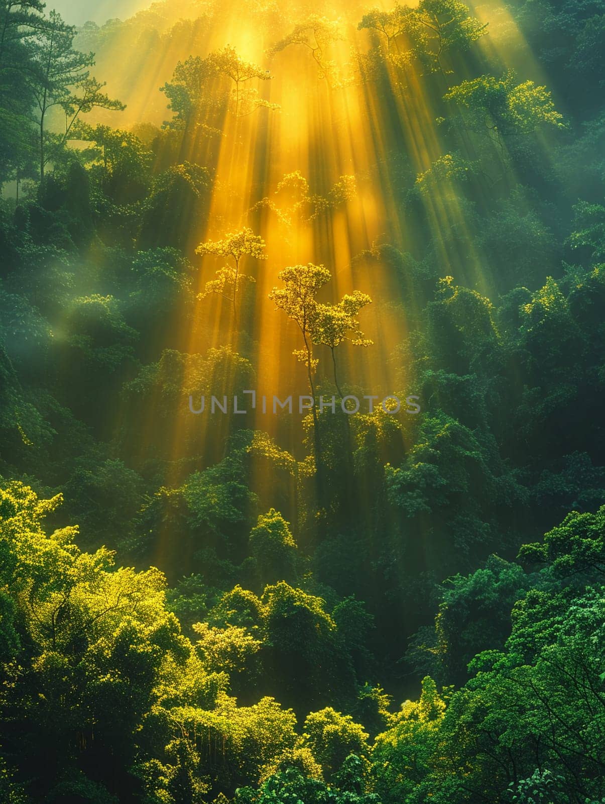 Sunlight filtering through dense forest trees, capturing a mystical and ethereal mood.