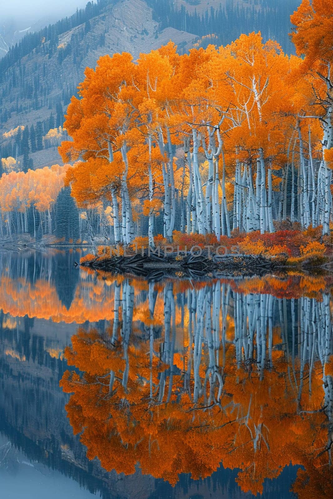 Reflections of autumn trees in a crystal-clear lake, creating a mirror image of nature's palette.