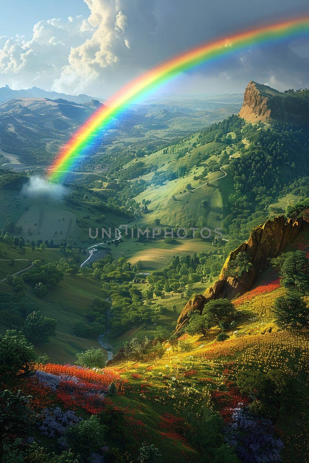 Rainbow appearing over a lush valley by Benzoix