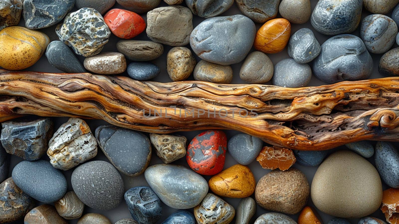 The contrasting textures of smooth pebbles and rough driftwood on a beach by Benzoix