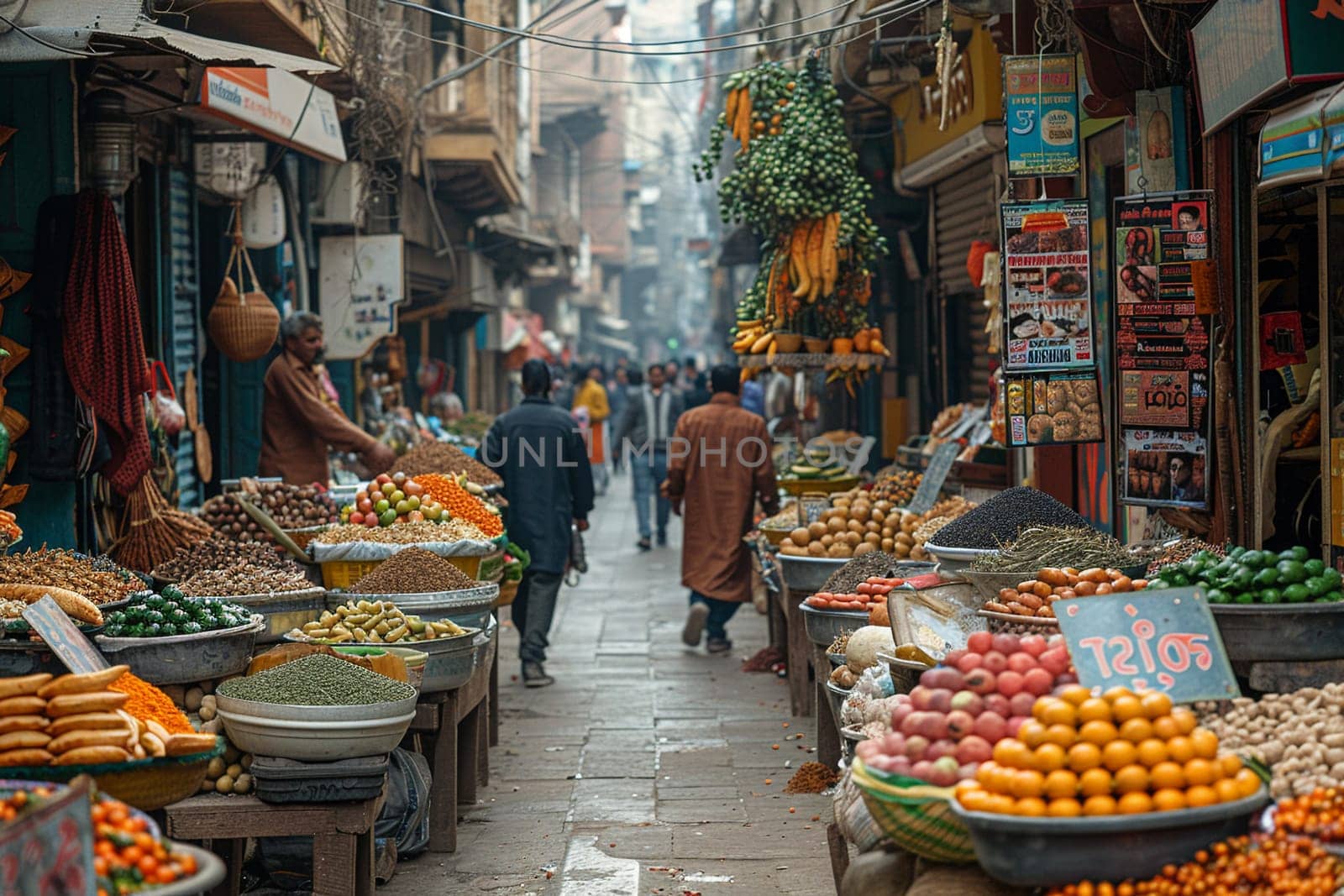 The vibrant hustle of a street market, captured in the colors and textures of goods.