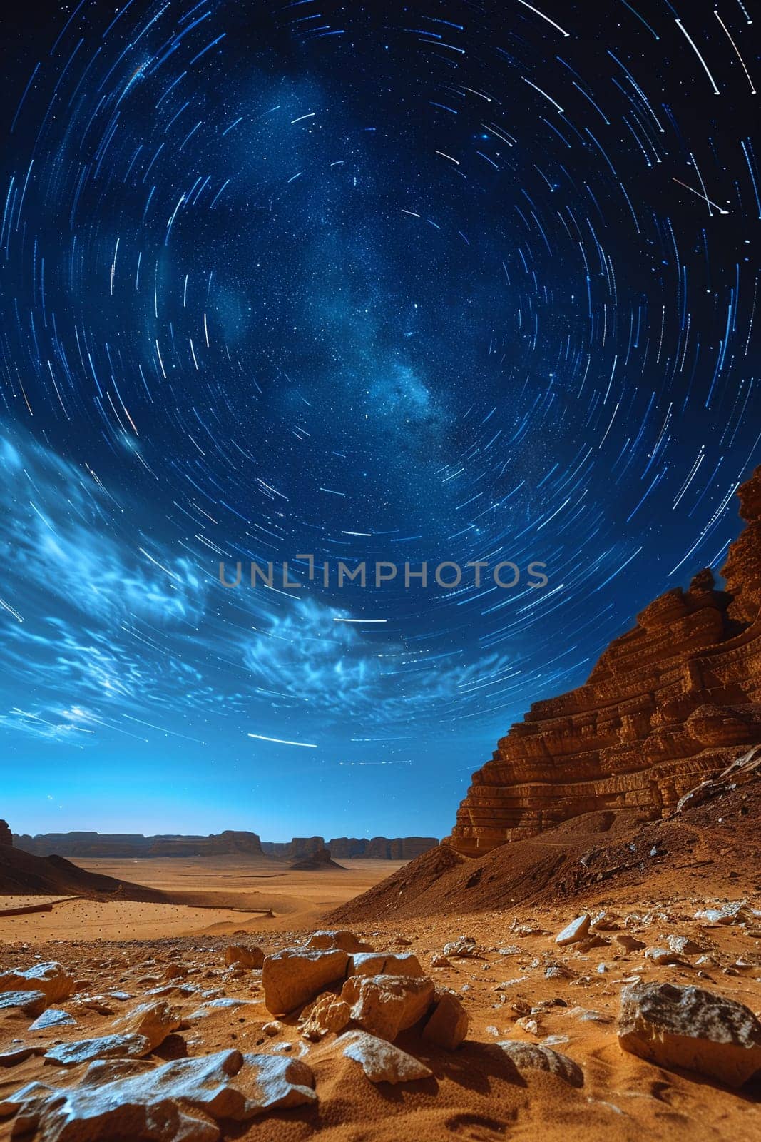 Stars trailing in the night sky over a silent desert by Benzoix