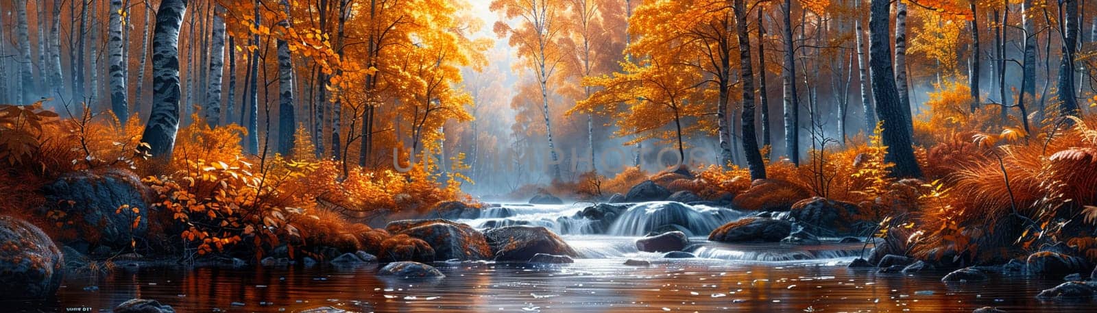 Winding river through a vibrant autumn forest, capturing natural beauty and seasonal change.