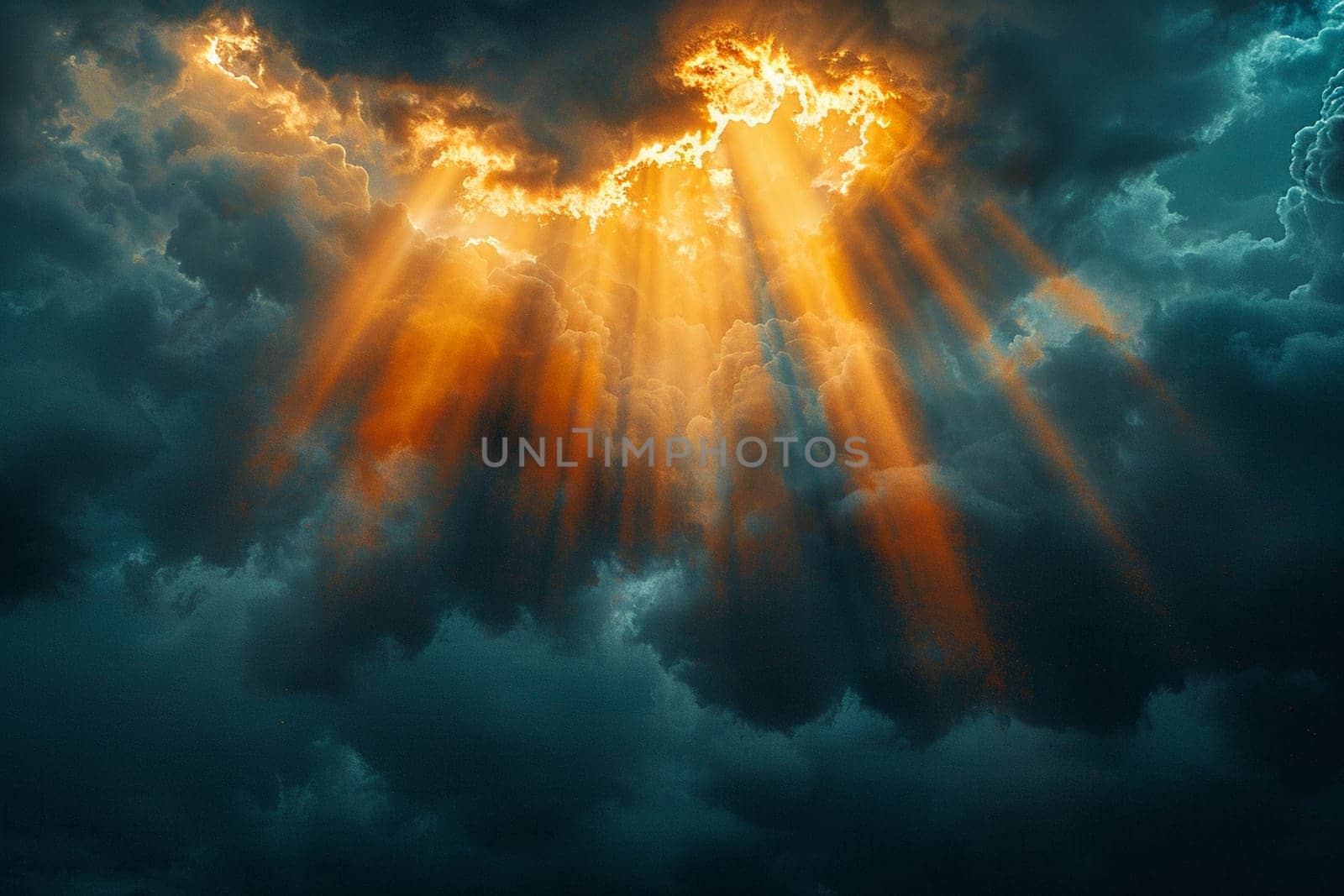 Sunbeams breaking through dark clouds after a storm by Benzoix