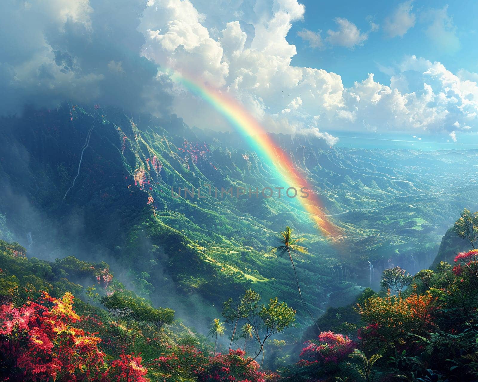 Rainbow appearing over a lush valley, capturing beauty and natural wonder.