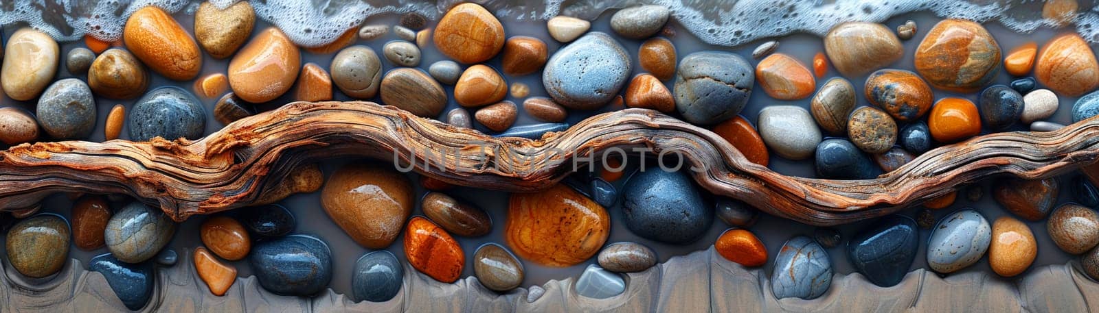 The contrasting textures of smooth pebbles and rough driftwood on a beach, showcasing natural diversity.