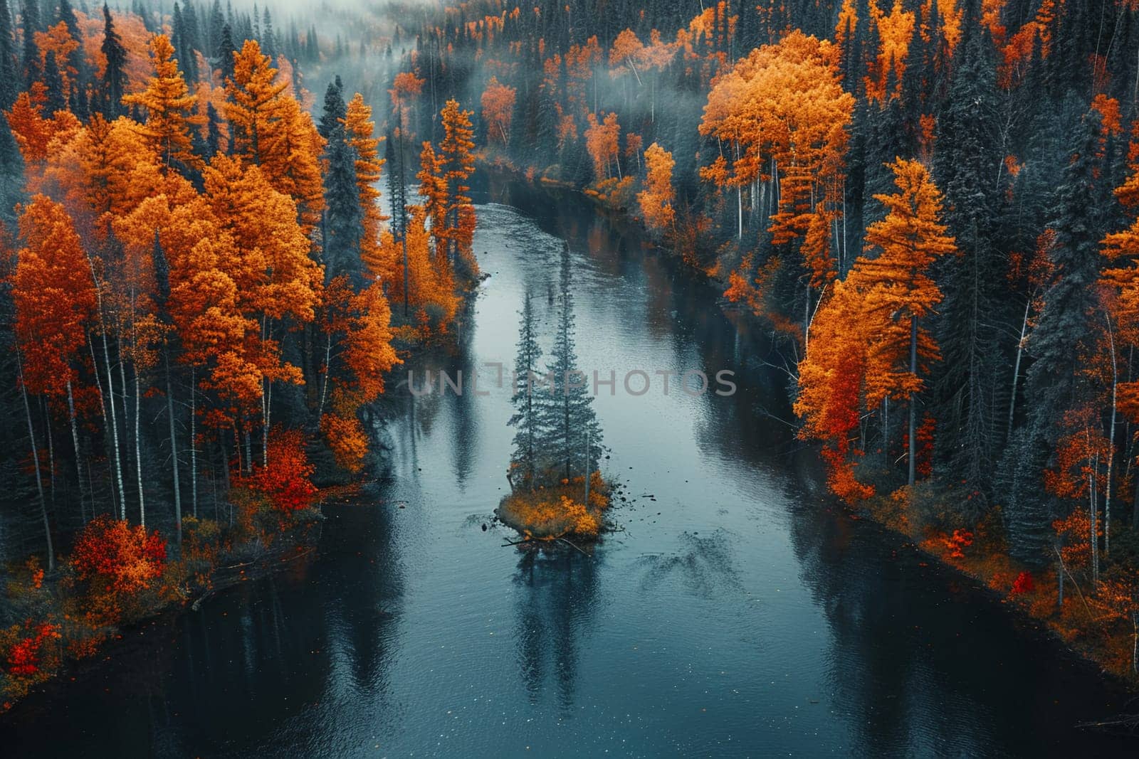 Winding river through a vibrant autumn forest, capturing natural beauty and seasonal change.