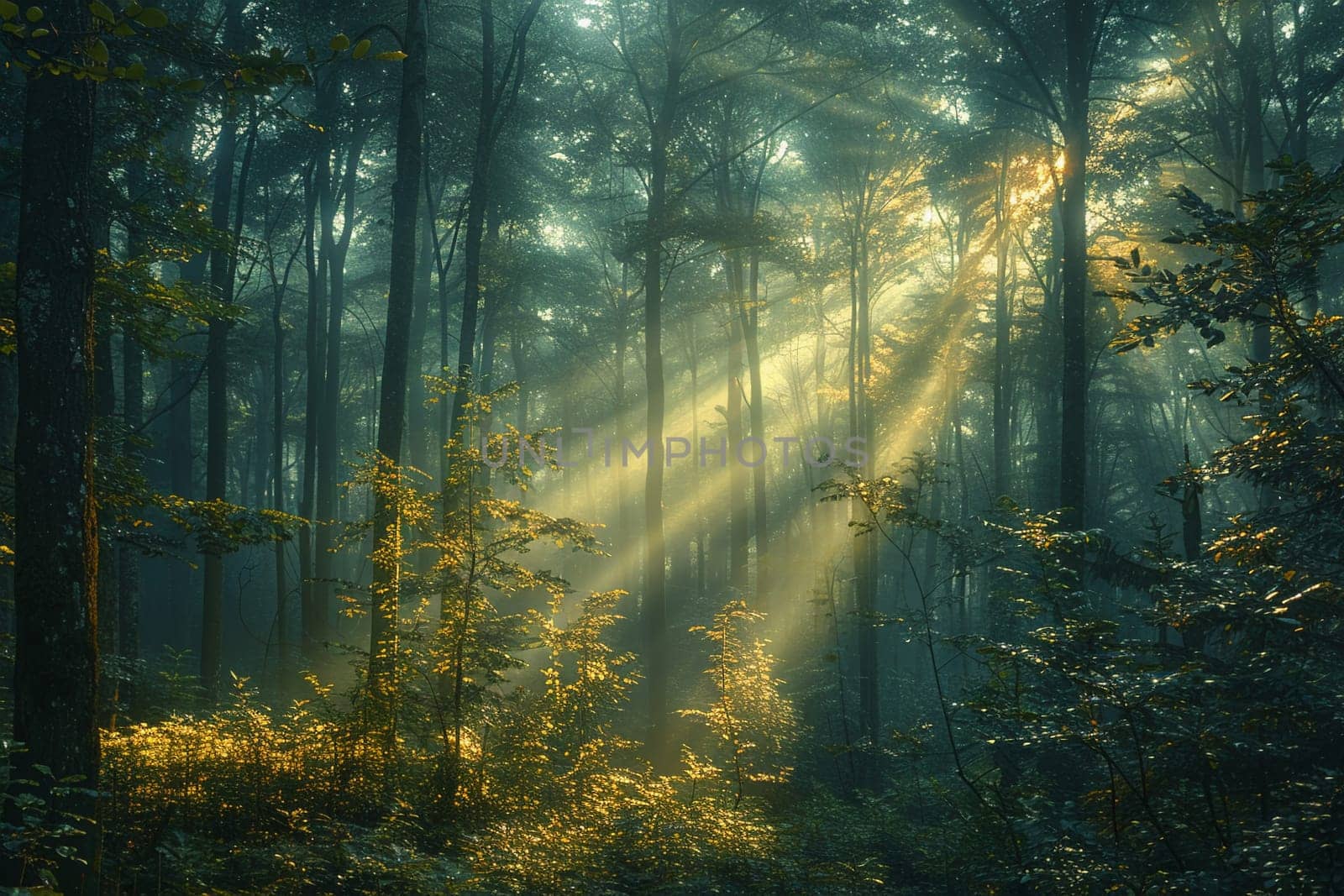 Sunlight filtering through dense forest trees, capturing a mystical and ethereal mood.