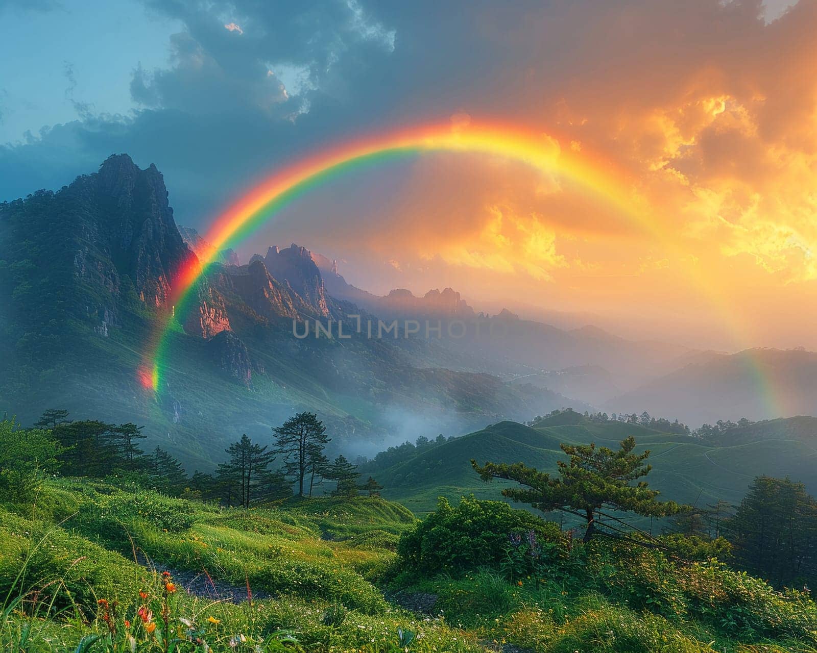 Rainbow appearing over a lush valley by Benzoix