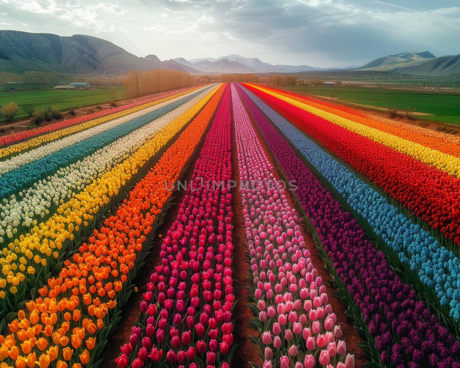A vibrant tapestry of tulip fields from above, displaying nature's colors in full bloom.