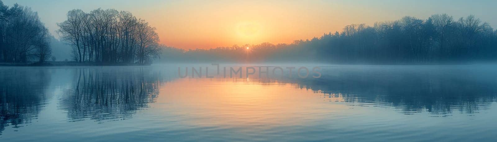 A blanket of fog over a calm lake at dawn by Benzoix