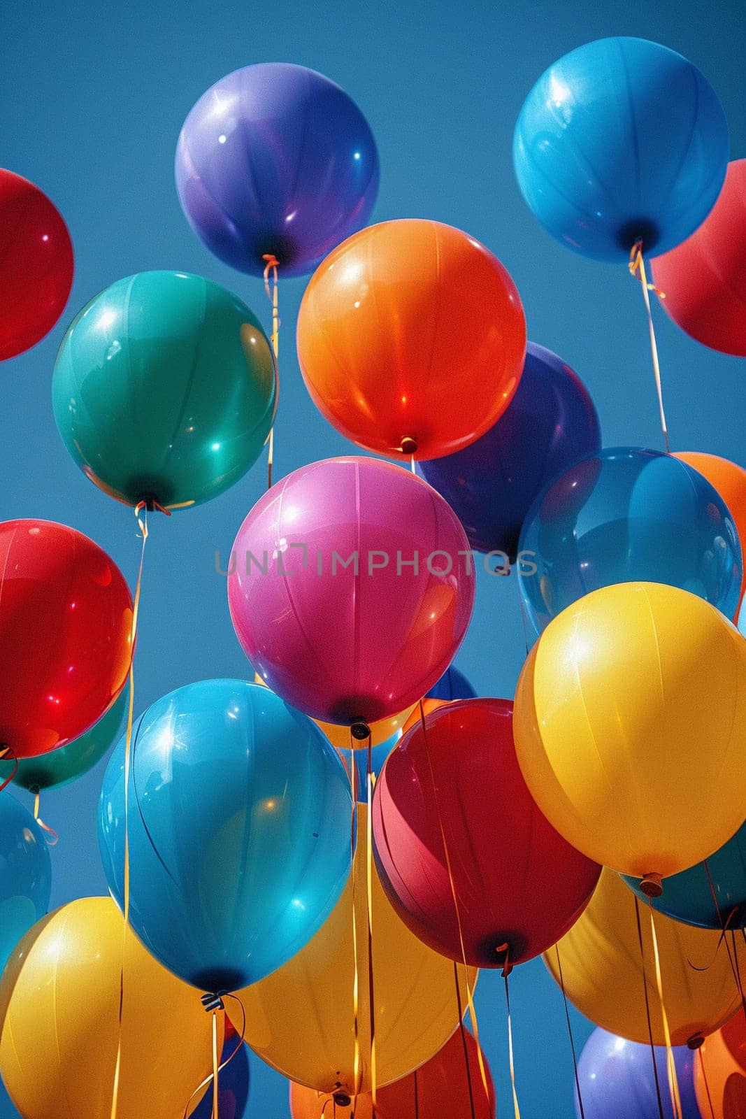 Balloons flying high in a clear blue sky by Benzoix