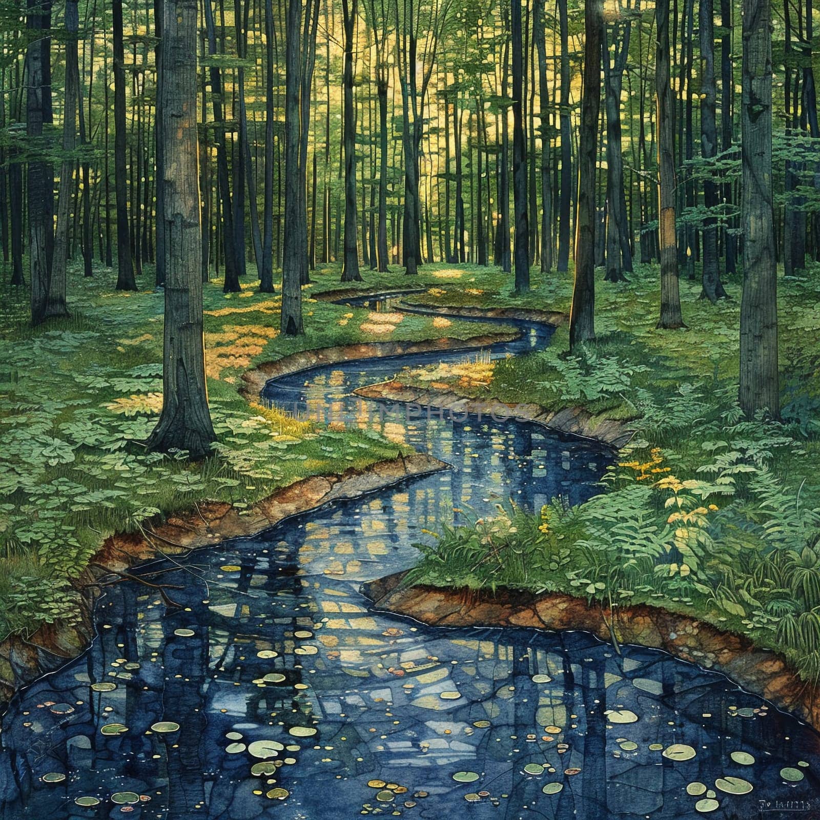 A serene brook winding through a forest by Benzoix
