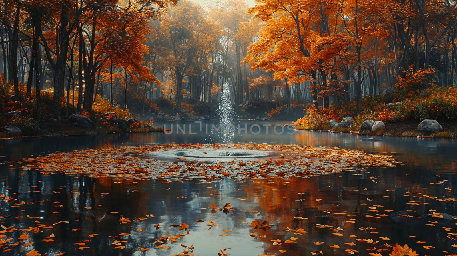 A serene pond surrounded by autumn foliage by Benzoix