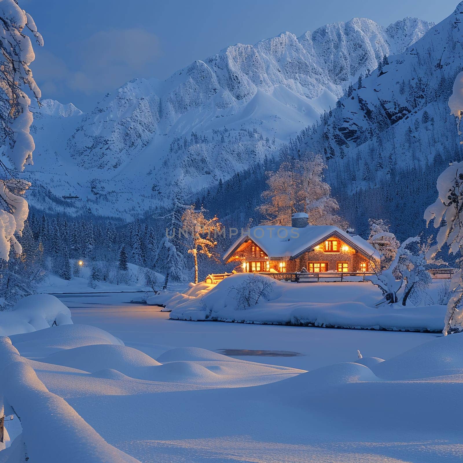 A cozy cabin in a snow-covered landscape, lit warmly from within, symbolizing refuge and warmth.